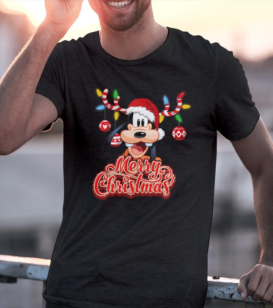 Merry Christmas Goofy Santa Hat Lights Antlers T-Shirt