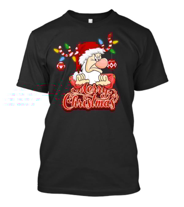 Grumpy Merry Christmas Santa With Reindeer Antlers And Festive Ornaments T-Shirt