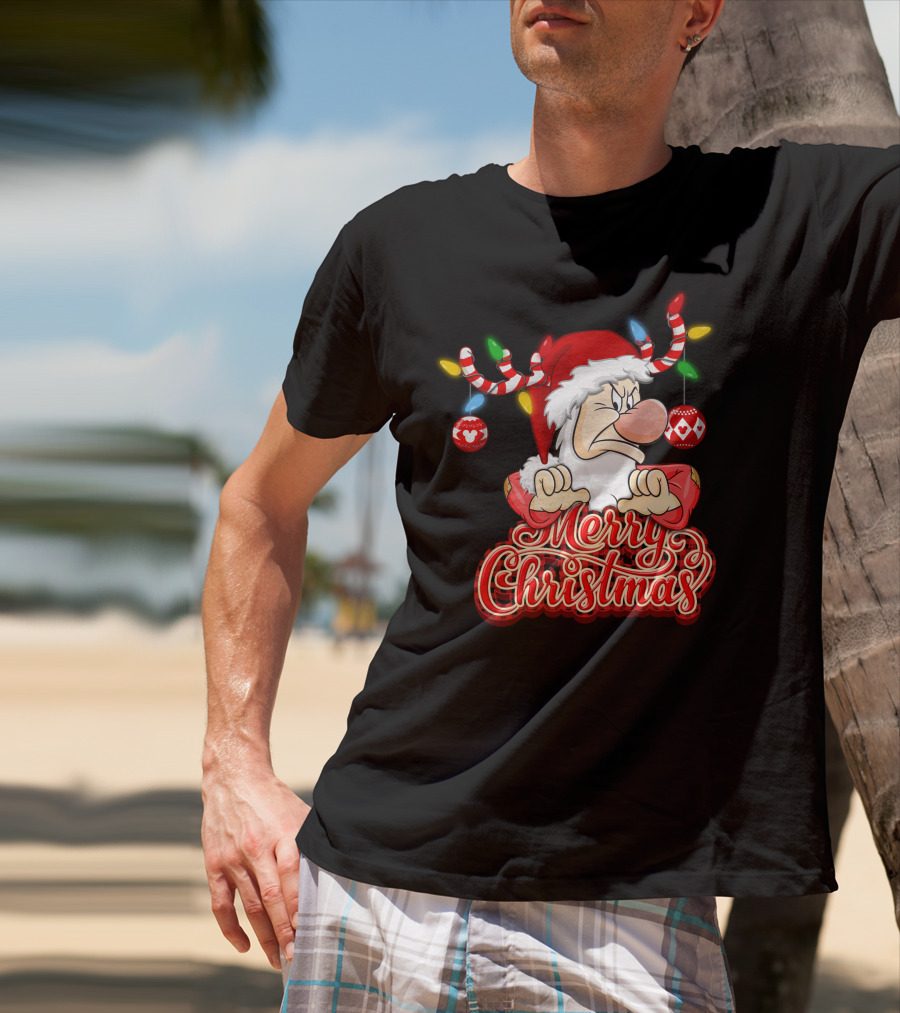 Grumpy Merry Christmas Santa With Reindeer Antlers And Festive Ornaments T-Shirt