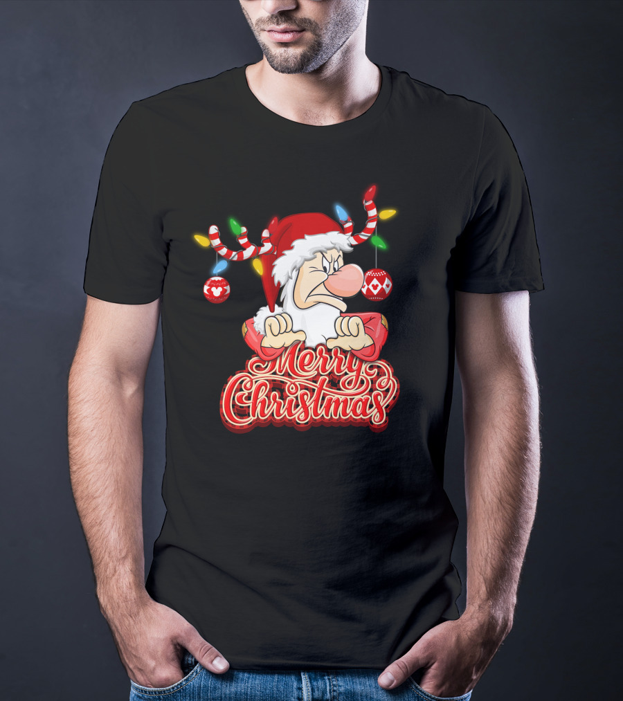 Grumpy Merry Christmas Santa With Reindeer Antlers And Festive Ornaments T-Shirt