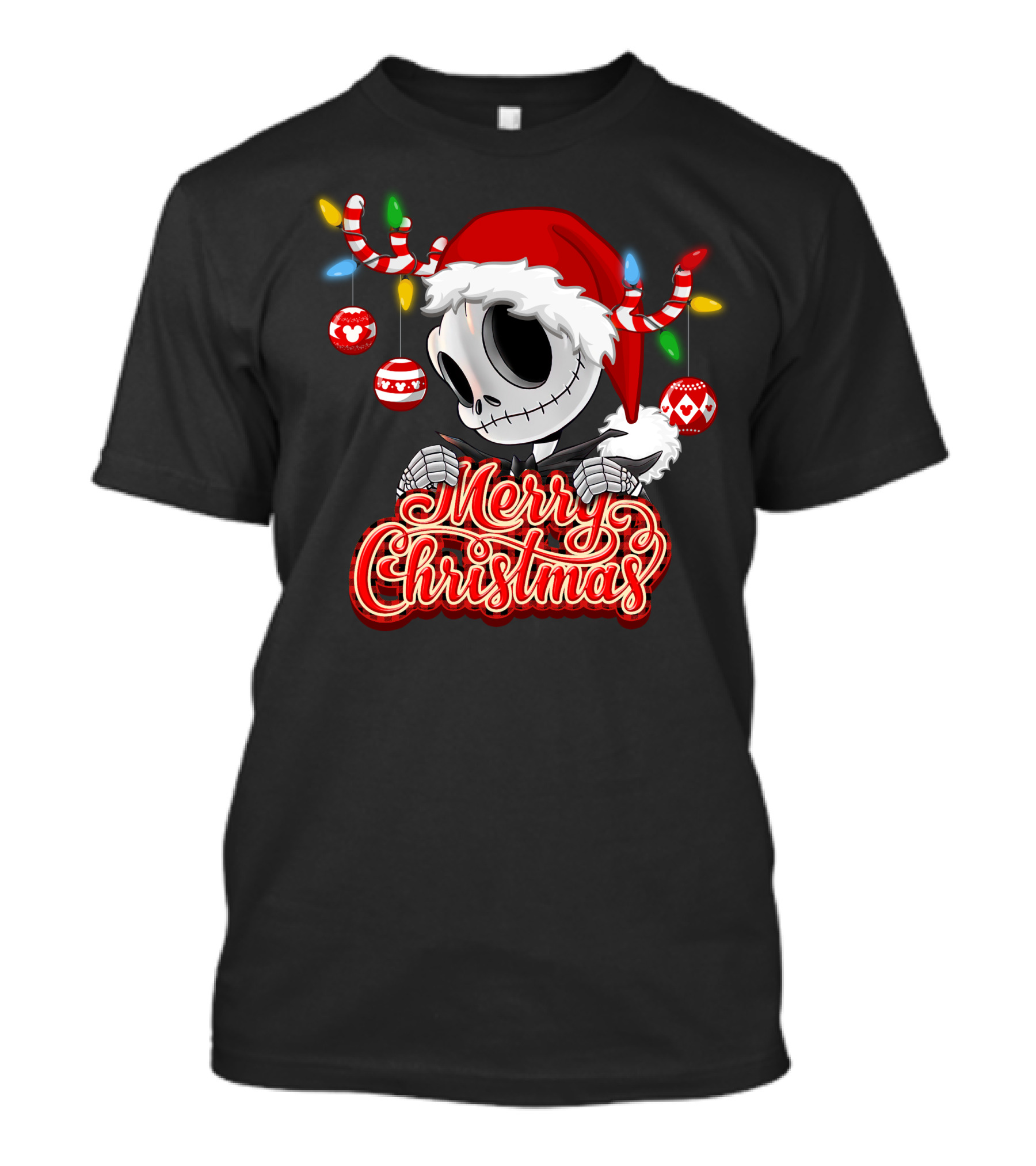 Merry Christmas Santa Jack Skellington With Candy Cane Lights And Ornaments T-Shirt