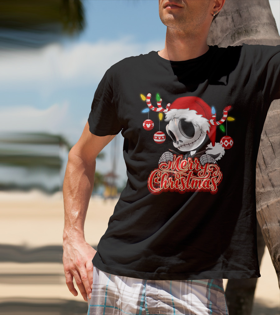 Merry Christmas Santa Jack Skellington With Candy Cane Lights And Ornaments T-Shirt