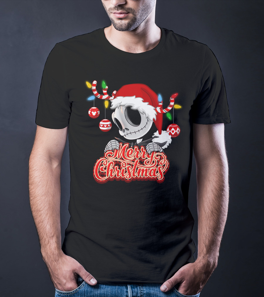 Merry Christmas Santa Jack Skellington With Candy Cane Lights And Ornaments T-Shirt
