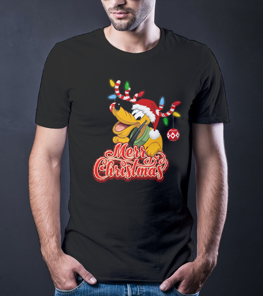 Merry Christmas Pluto Holiday Antlers And Santa Hat T-Shirt