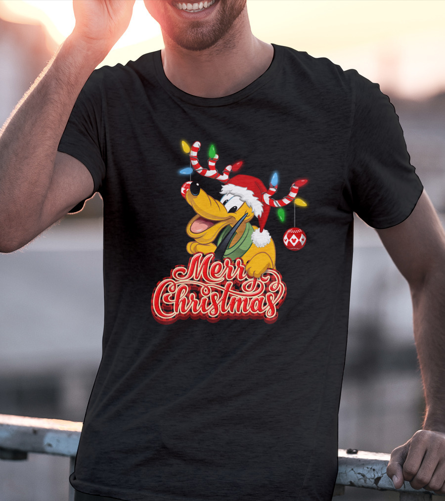 Merry Christmas Pluto Holiday Antlers And Santa Hat T-Shirt