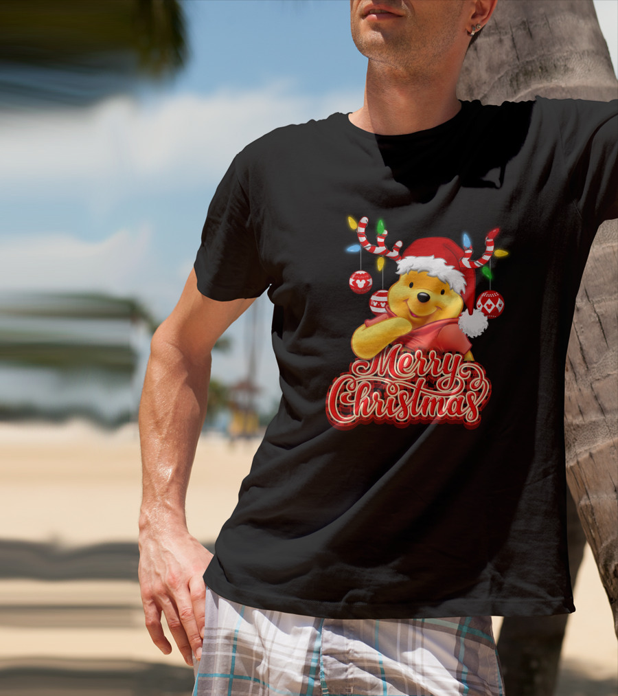 Merry Christmas Pooh Santa Hat Festive Lights Antlers T-Shirt