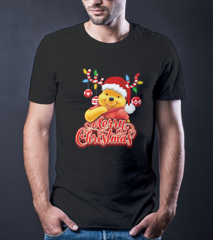 Merry Christmas Pooh Santa Hat Festive Lights Antlers T-Shirt