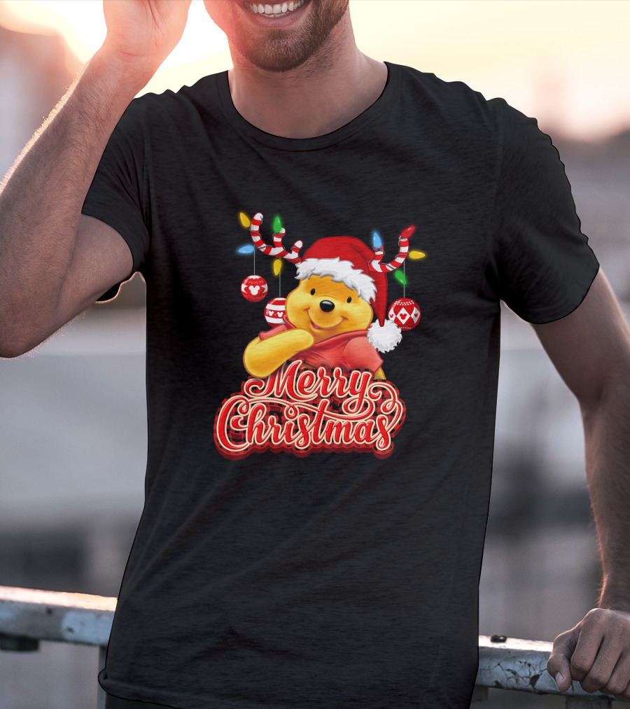 Merry Christmas Pooh Santa Hat Festive Lights Antlers T-Shirt