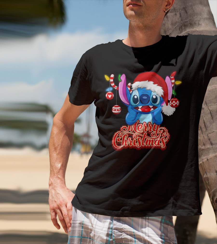 Merry Christmas Stitch Santa Hat Ornaments T-Shirt