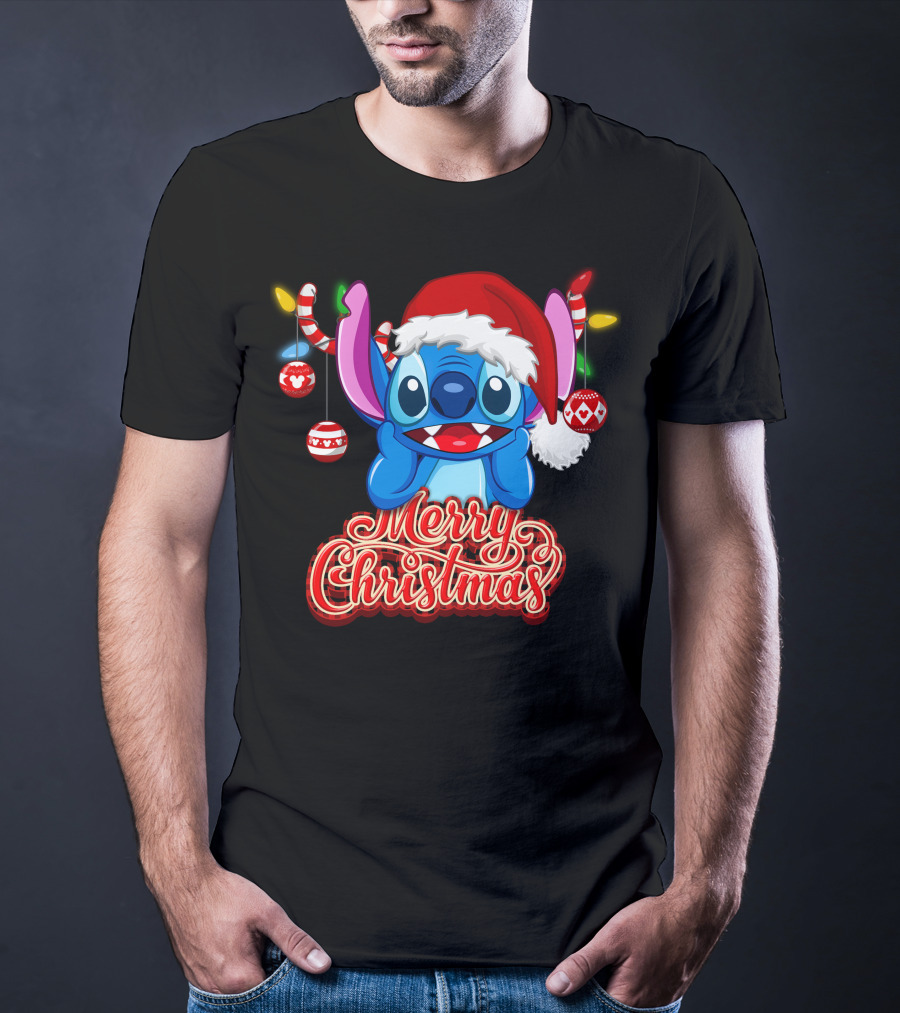 Merry Christmas Stitch Santa Hat Ornaments T-Shirt