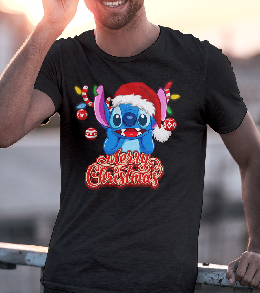Merry Christmas Stitch Santa Hat Ornaments T-Shirt