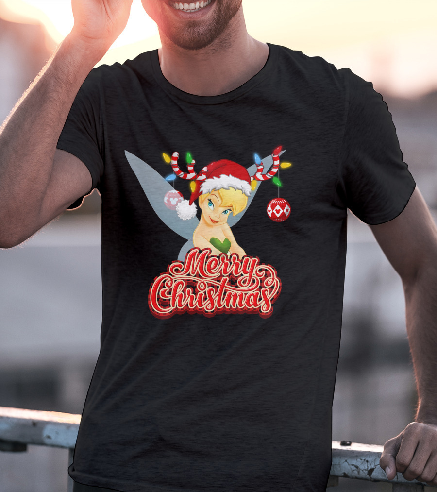 Merry Christmas Tinkerbell Santa Hat Reindeer Antlers Lights Holiday T-Shirt