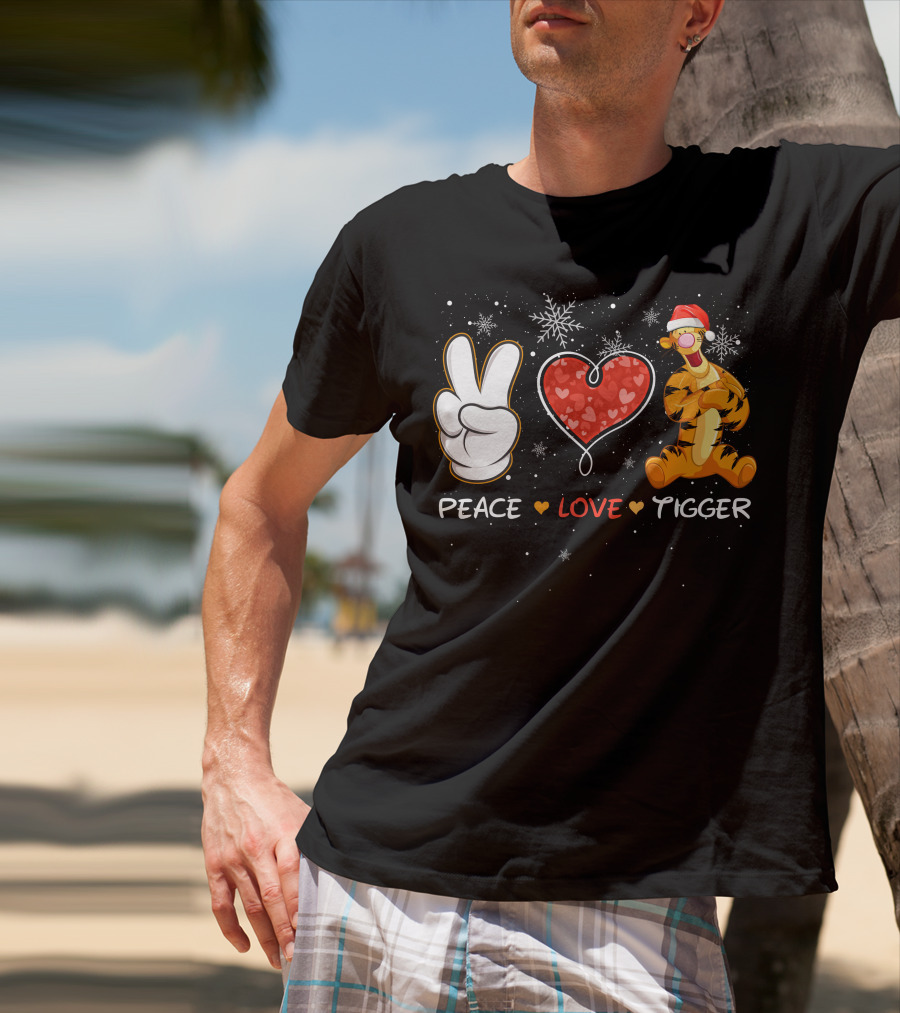 Peace Love Tigger Santa Hat Snowflakes T-Shirt
