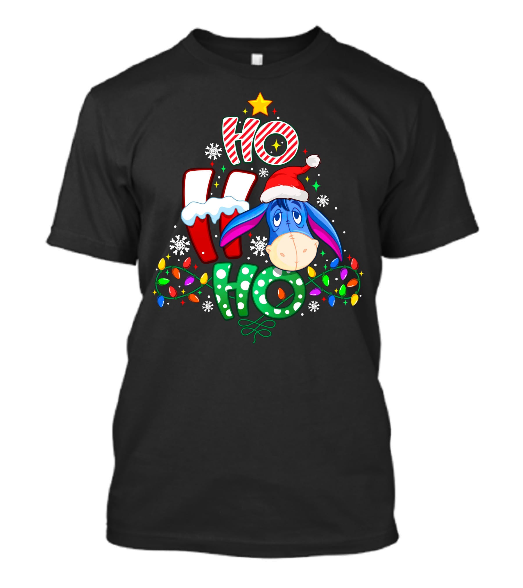 Ho Ho Ho Christmas Eeyore Santa Hat Lights Snowflakes T-Shirt