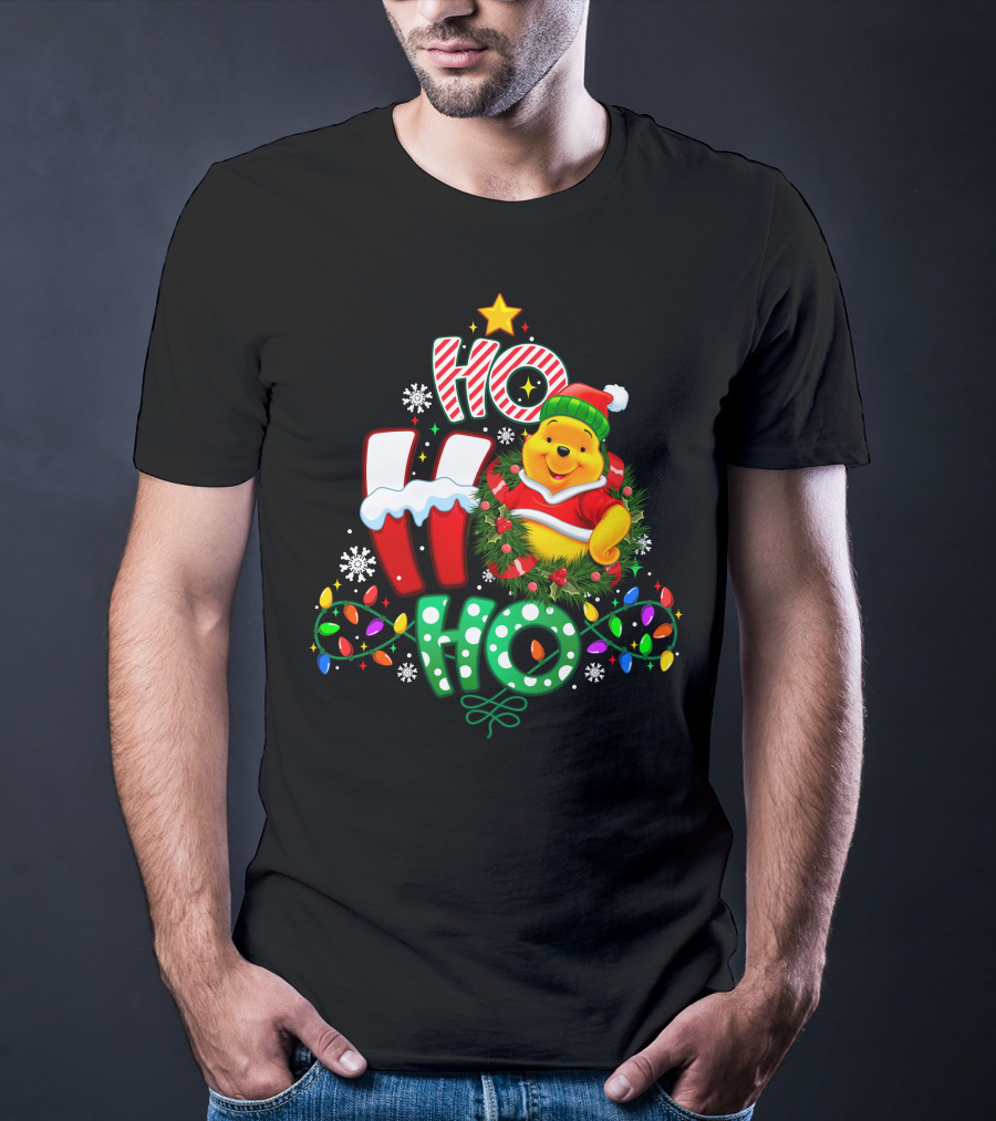 Ho Ho Ho Pooh Christmas Lights Snowflakes Wreath Santa Hat T-Shirt