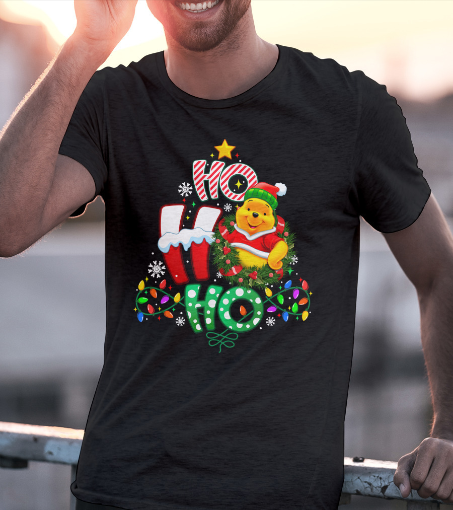 Ho Ho Ho Pooh Christmas Lights Snowflakes Wreath Santa Hat T-Shirt