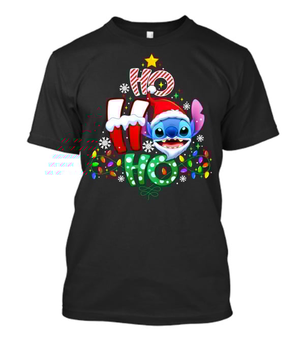 Stitch Ho Ho Ho Christmas Santa Hat Lights Snowflakes T-Shirt