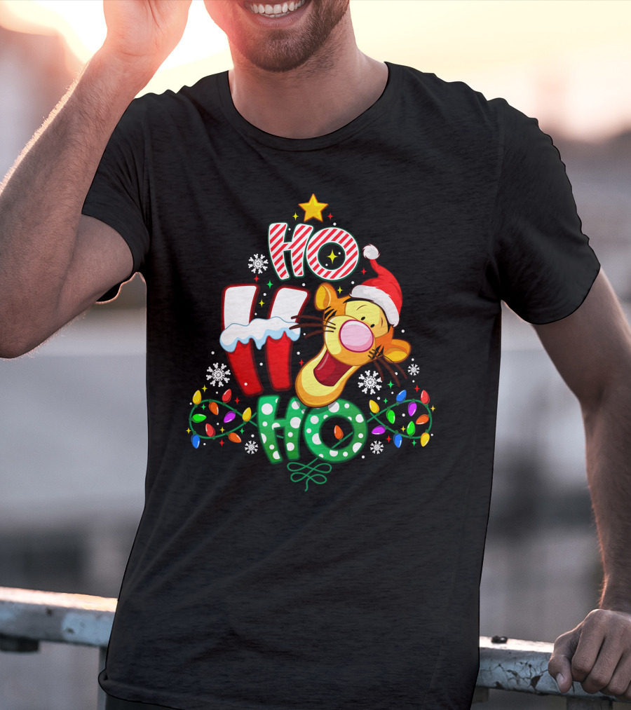 Tigger Christmas Ho Ho Ho With Lights And Santa Hat T-Shirt