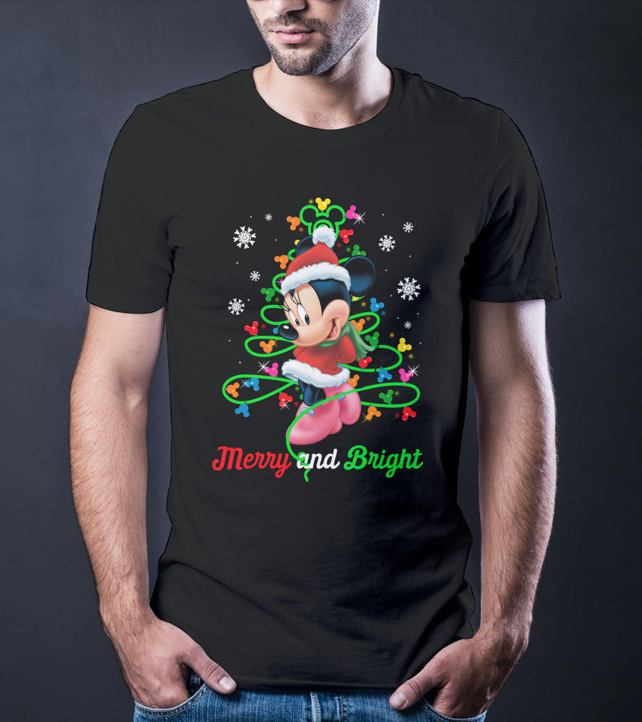Merry And Bright Minnie Christmas Mickey Ears Holiday Snowflakes T-Shirt