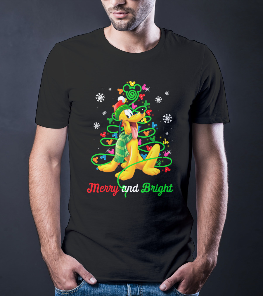 Pluto Merry And Bright Holiday Lights Mickey Snowflakes T-Shirt