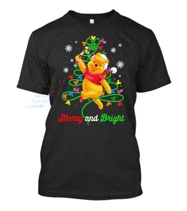 Merry And Bright Pooh Christmas Tree With Candy Cane And Mickey Mouse Ears T-Shirt