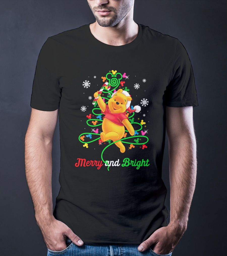 Merry And Bright Pooh Christmas Tree With Candy Cane And Mickey Mouse Ears T-Shirt