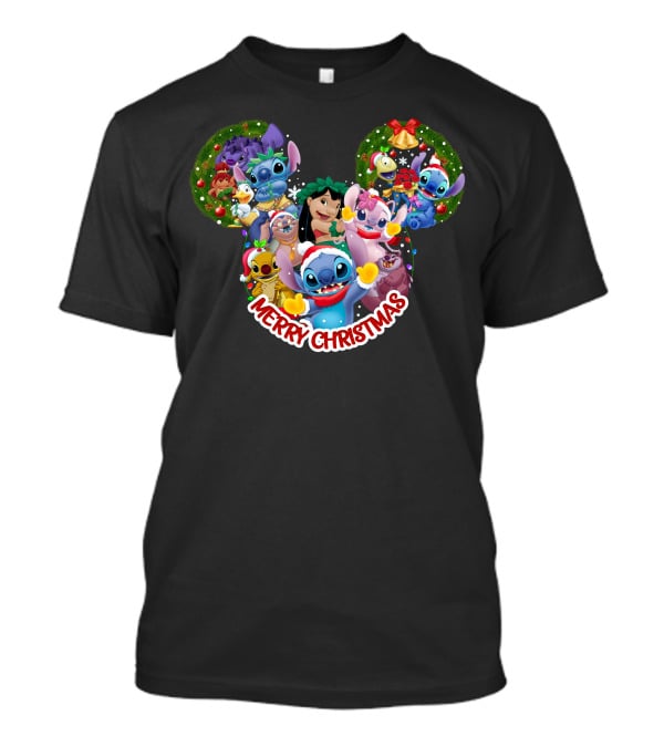 Merry Christmas Lilo And Stitch Disney Mickey Ears Wreath T-Shirt