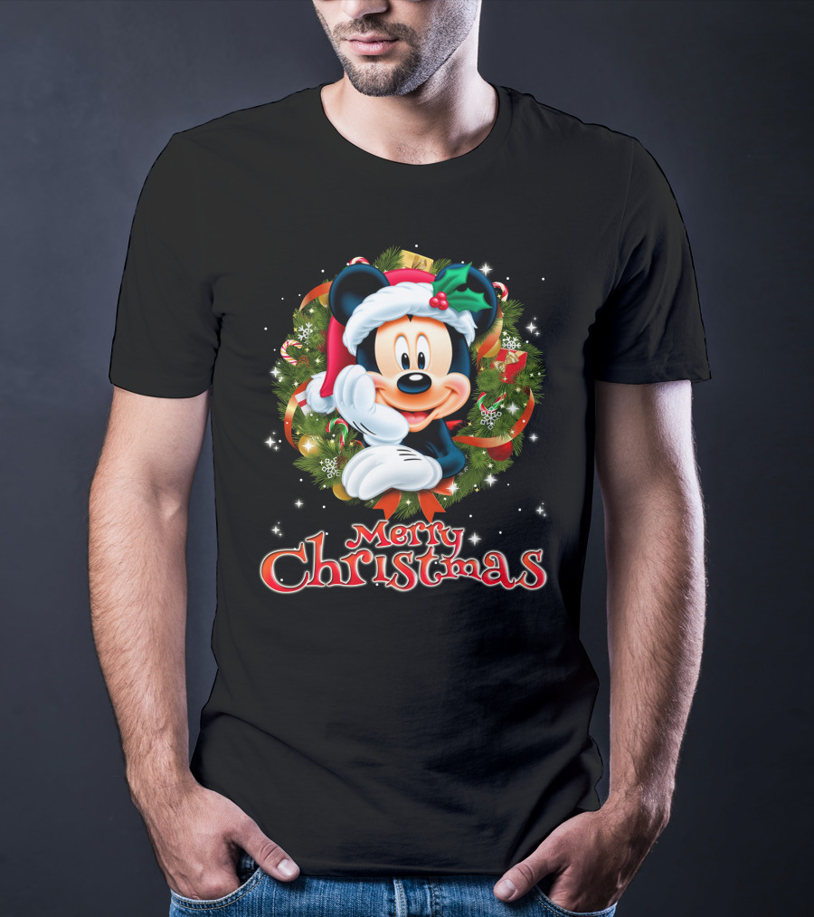Mickey Merry Christmas Santa Hat With Holly Wreath T-Shirt