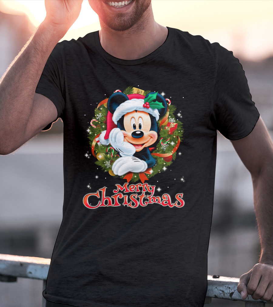 Mickey Merry Christmas Santa Hat With Holly Wreath T-Shirt
