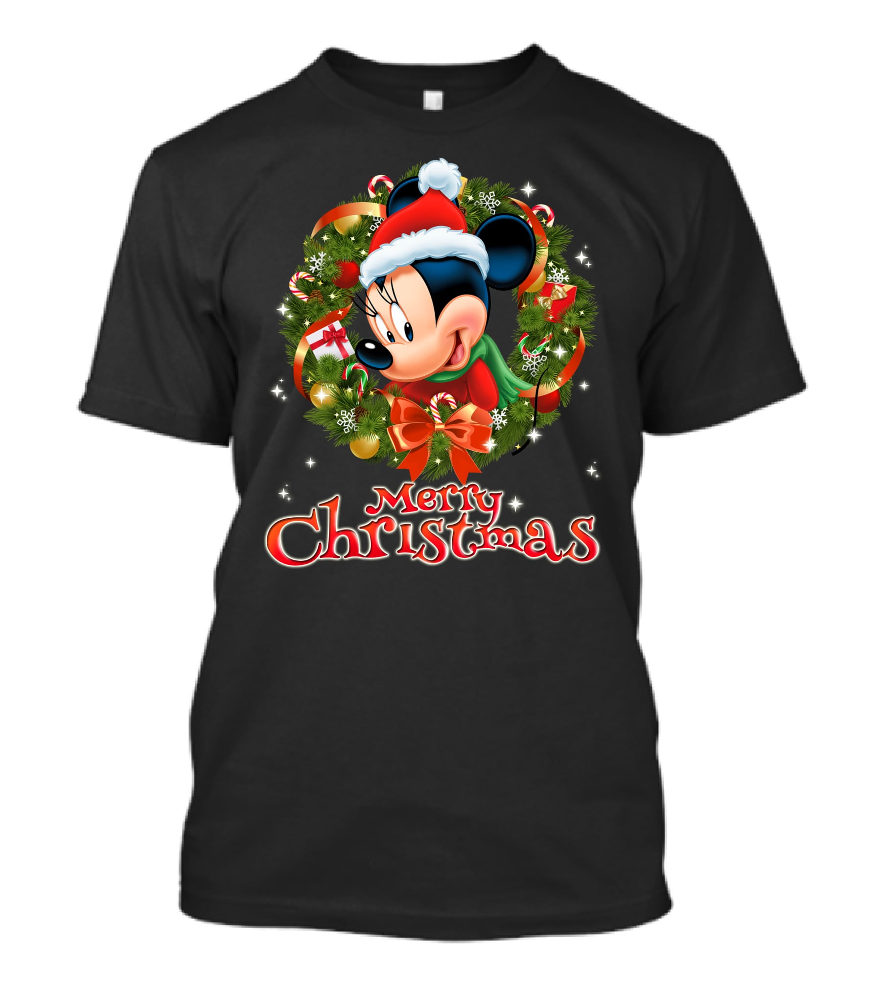 Minnie Mouse Merry Christmas Wreath Santa Hat Holiday Decor T-Shirt