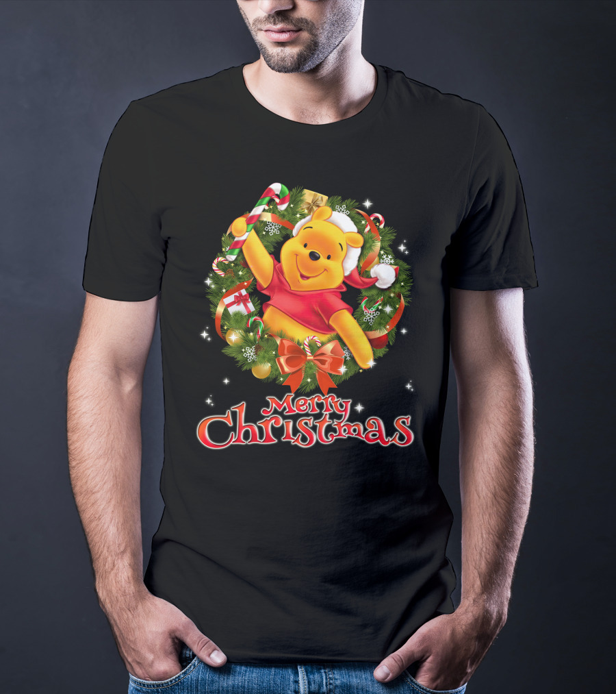 Merry Christmas Pooh Bear Wreath Candy Cane Santa Hat T-Shirt