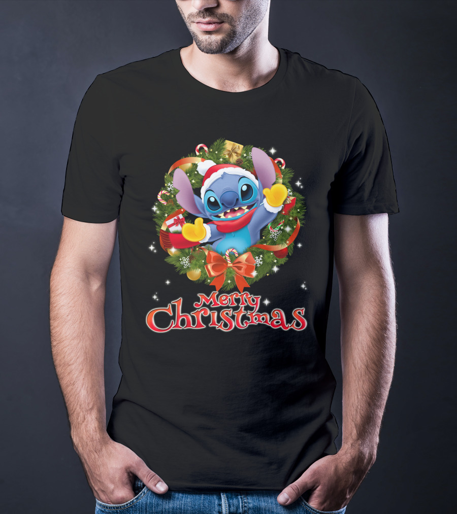 Merry Christmas Stitch Holiday Wreath Santa Hat Candy Cane T-Shirt