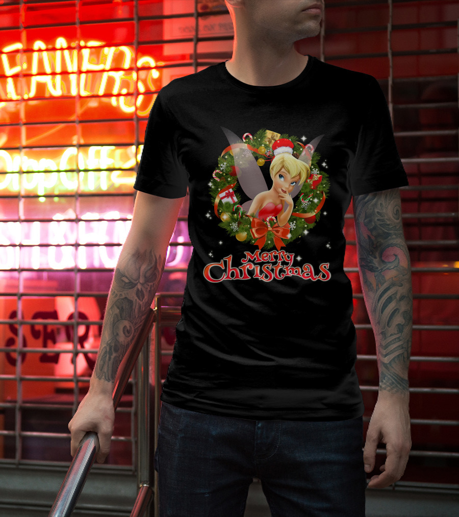 Merry Christmas Tinkerbell With Holiday Wreath T-Shirt
