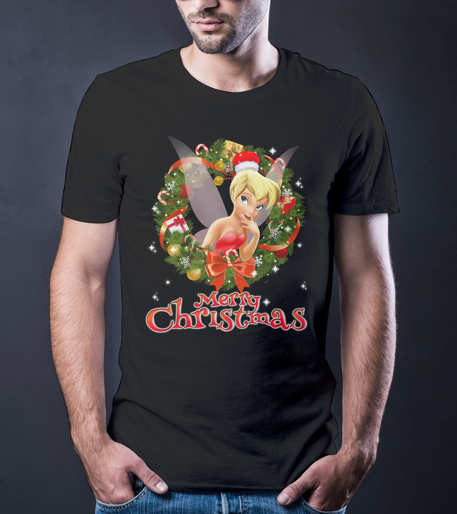 Merry Christmas Tinkerbell With Holiday Wreath T-Shirt