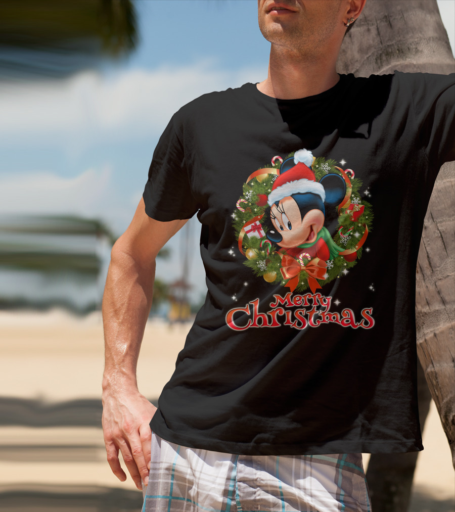 Merry Christmas Minnie Mouse Wreath With Santa Hat And Gifts T-Shirt