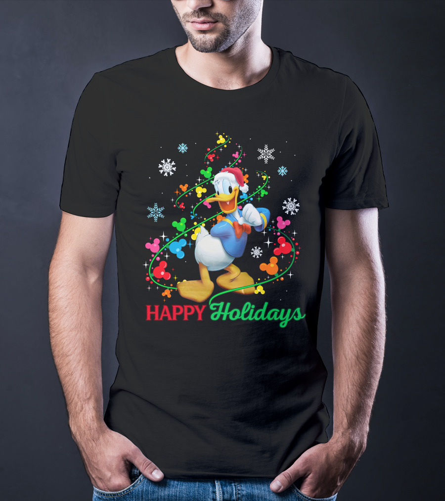 Happy Holidays Donald Duck Santa Hat Snowflake Icons And Mickey Heads T-Shirt
