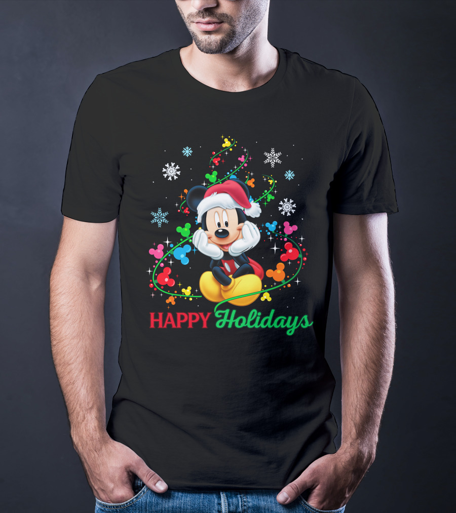 Mickey Happy Holidays Snowflakes Christmas Lights T-Shirt