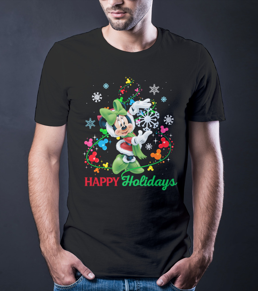 Happy Holidays Minnie Snowflakes And Colorful Mickey Icons T-Shirt