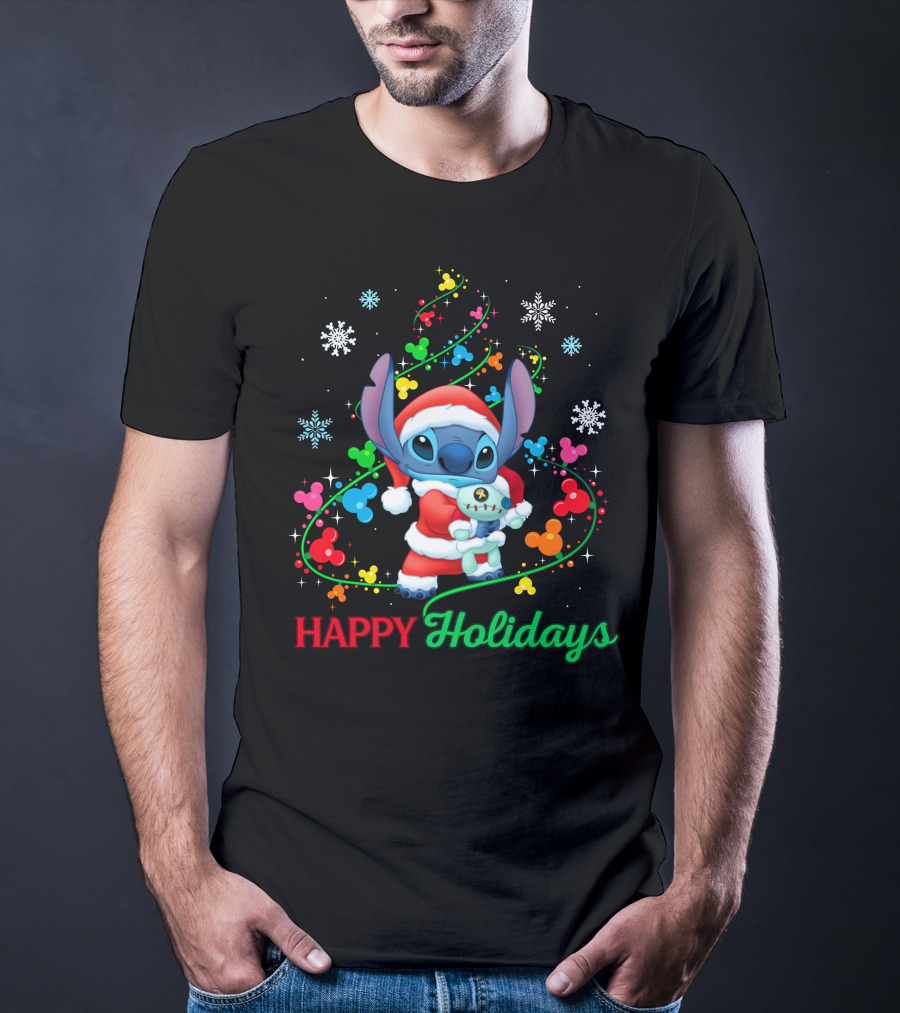Happy Holidays Stitch Santa With Snowflakes And Mickey Mouse Ears T-Shirt
