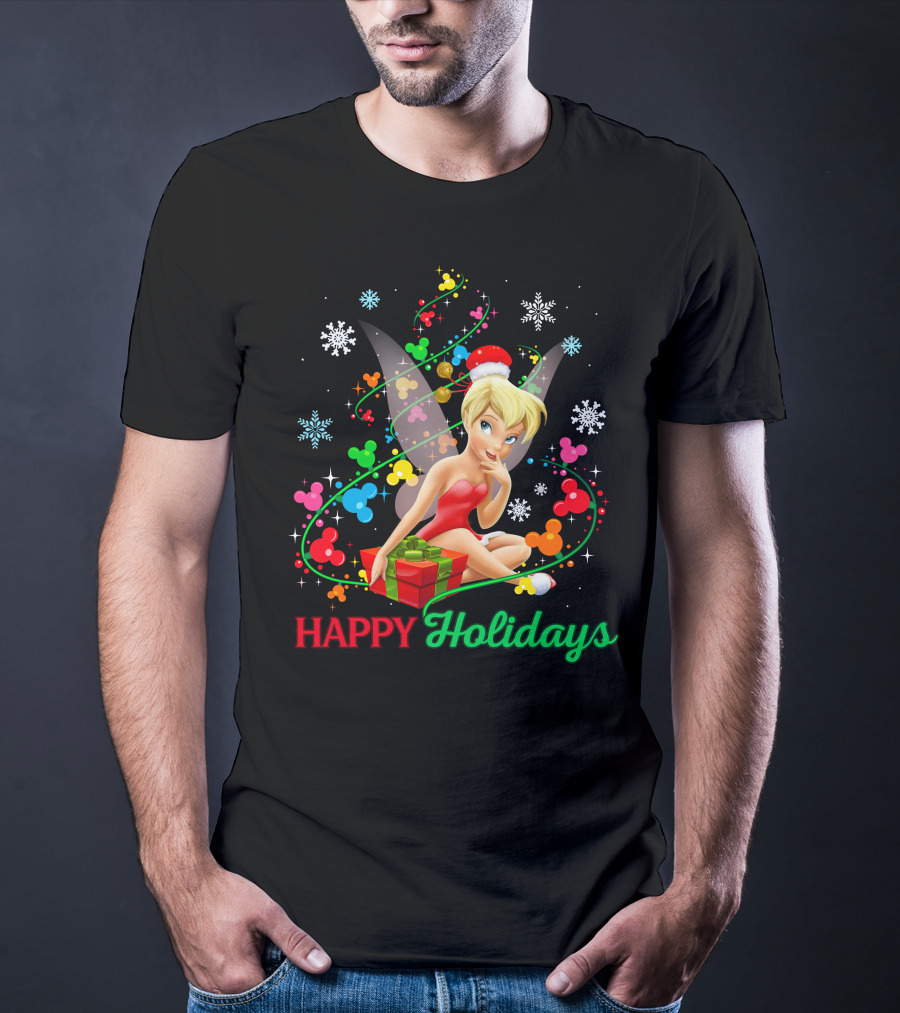 Happy Holidays Tinkerbell Santa Hat And Present T-Shirt