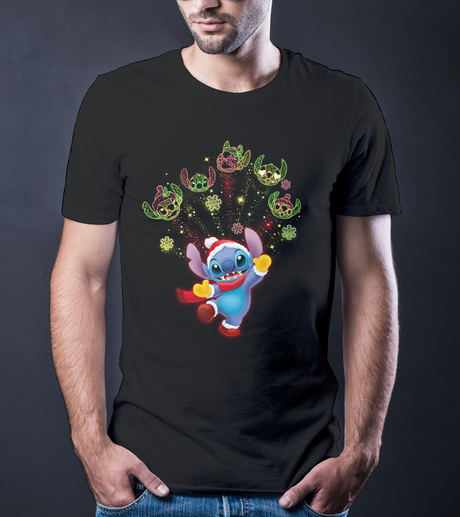 Stitch Holiday Festive Celebration With Santa Hat And Colorful Lights T-Shirt