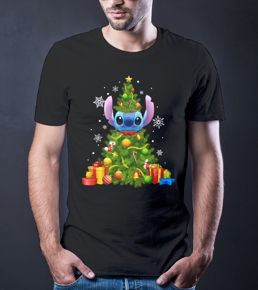 Stitch Christmas Tree With Gifts And Snowflakes T-Shirt
