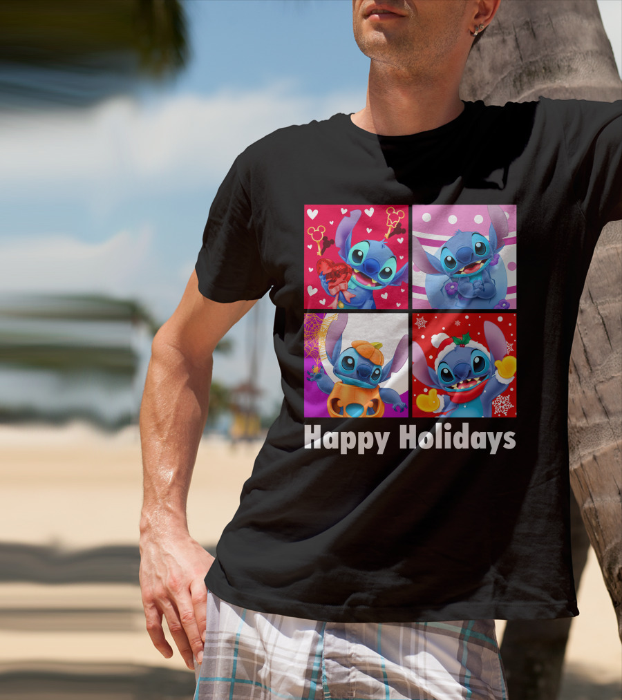 Happy Holidays Stitch Seasonal Mickey Hearts Christmas Pumpkin T-Shirt