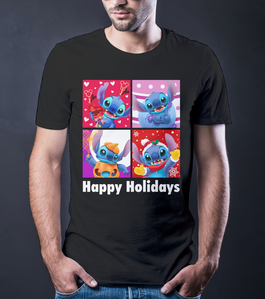 Happy Holidays Stitch Seasonal Mickey Hearts Christmas Pumpkin T-Shirt