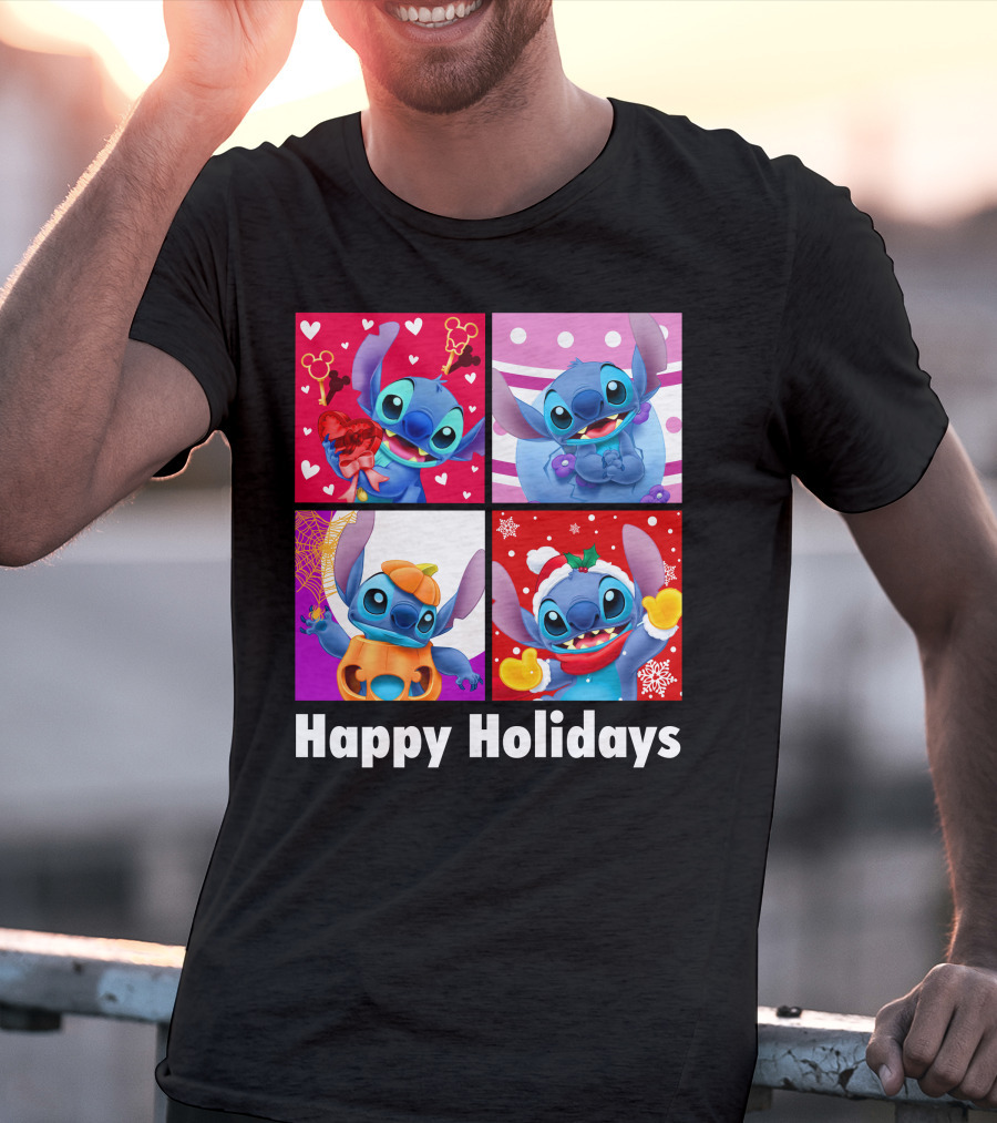 Happy Holidays Stitch Seasonal Mickey Hearts Christmas Pumpkin T-Shirt