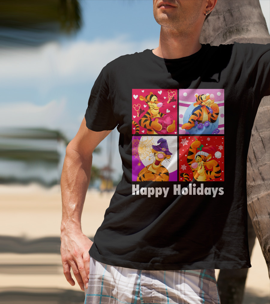 Happy Holidays Tigger Mickey Hearts Santa Halloween T-Shirt