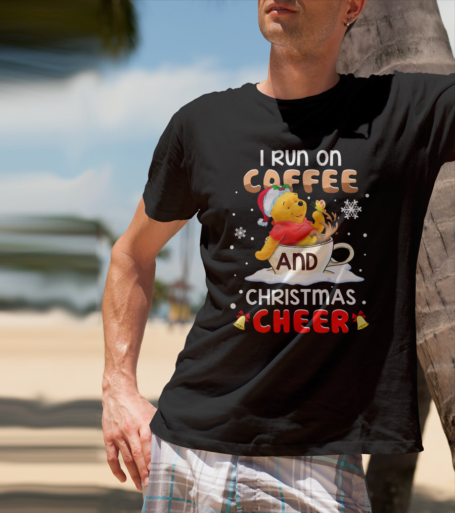 I Run On Coffee And Christmas Cheer Snowflakes Bells Santa Hat Cup Cartoon Bear T-Shirt