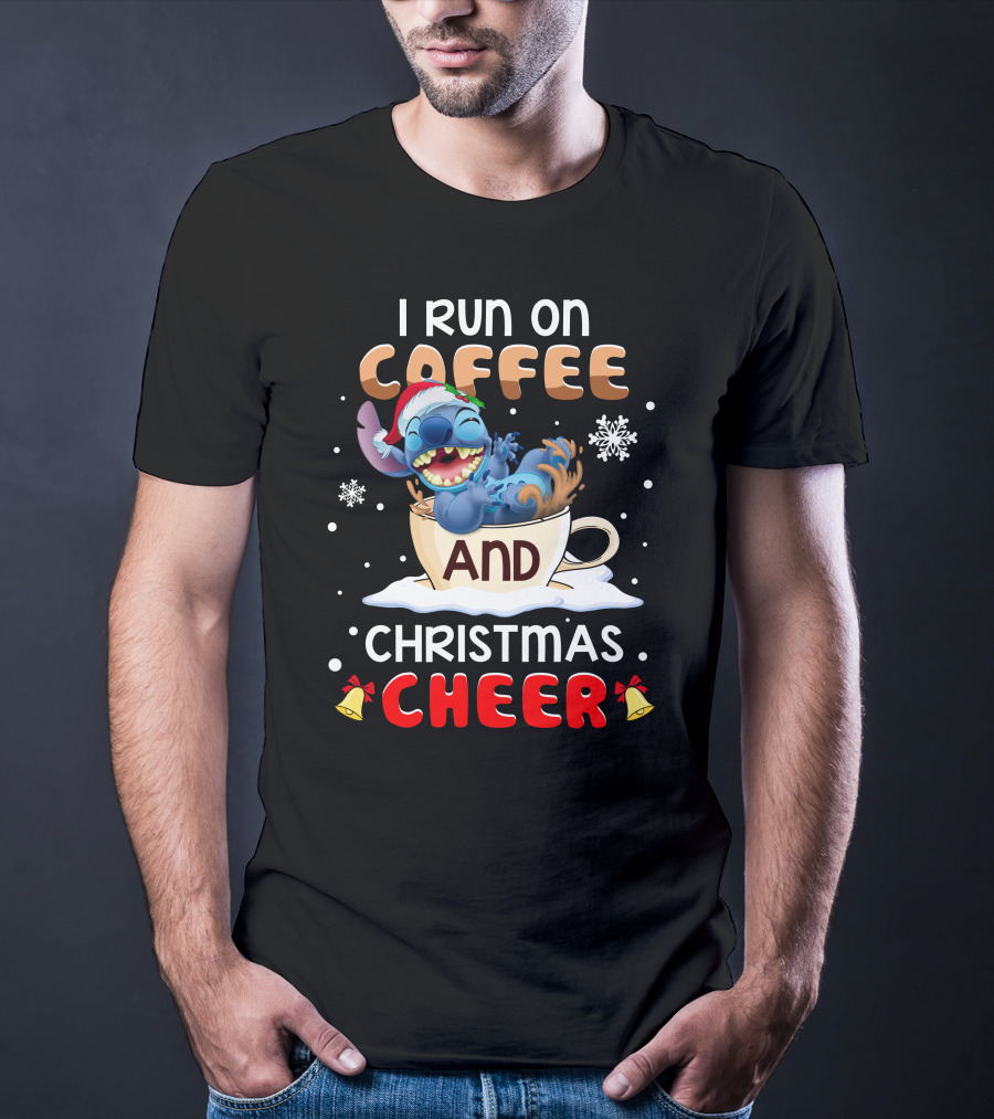I Run On Coffee And Christmas Cheer Stitch Santa Hat Snowflakes Holiday T-Shirt
