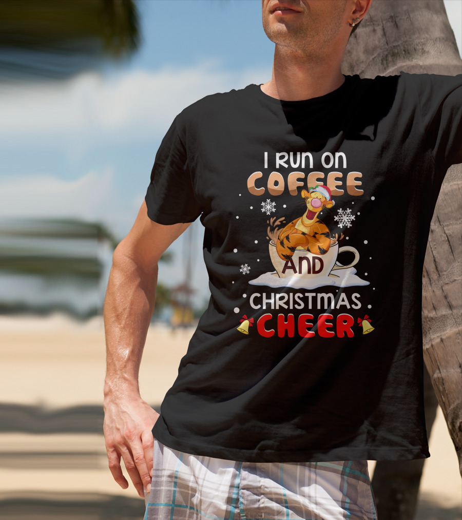I Run On Coffee And Christmas Cheer Tigger Holiday Santa Hat Snowflakes Bells T-Shirt