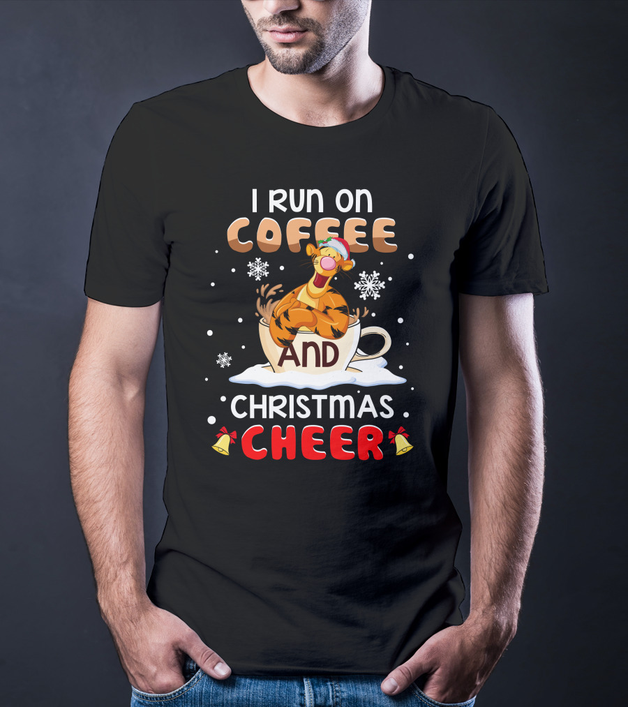 I Run On Coffee And Christmas Cheer Tigger Holiday Santa Hat Snowflakes Bells T-Shirt